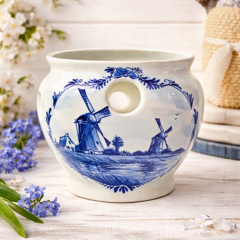 Royal Delft Blue Bulb Planter Delftse Huys Holland Windmill Ceramic Vase Planter